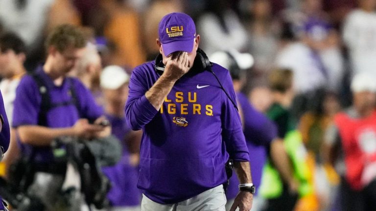LSU head coach Brian Kelly walks on the sideline in the second half of an NCAA college football game against Texas A&M, Saturday, Oct. 25, 2025 in Baton Rouge, La. (Gerald Herbert/AP)