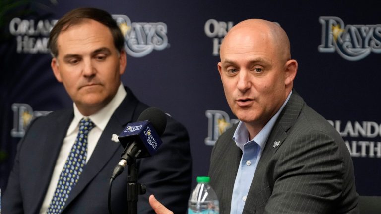 New Tampa Bay Rays ownership chief executive officer Ken Babby, right, speaks to the media as managing partner and co-chair Patrick Zalupski, looks on during an introductory baseball news conference, Tuesday, Oct. 7, 2025, in Tampa, Fla. (Chris O'Meara/AP)