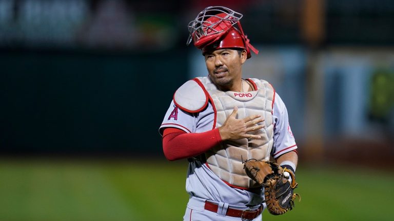 Los Angeles Angels catcher Kurt Suzuki gestures as he leaves the team's baseball game against the Oakland Athletics during the first inning in Oakland, Calif., Tuesday, Oct. 4, 2022. (Godofredo A. Vasquez/AP)