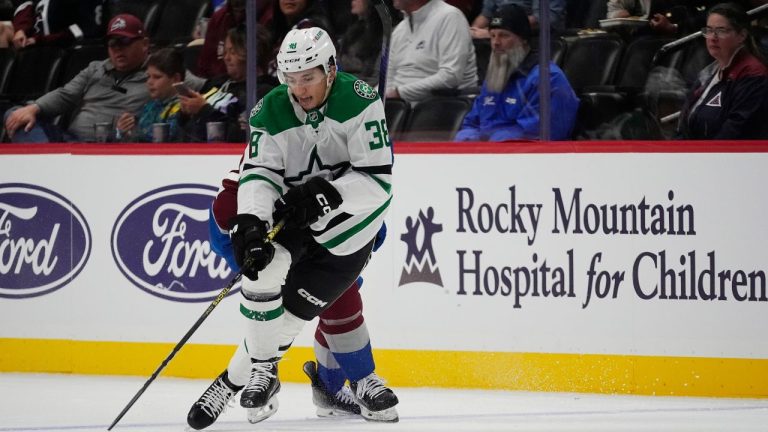 Dallas Stars defenceman Christian Kyrou (38) in the first period of an NHL pre-season hockey game Monday, Sept. 23, 2024, in Denver. (David Zalubowski/AP)