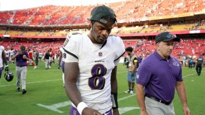 Baltimore Ravens quarterback Lamar Jackson heads off the field following an NFL football game against the Kansas City Chiefs Sunday, Sept. 28, 2025, in Kansas City, Mo. (Ed Zurga/AP)