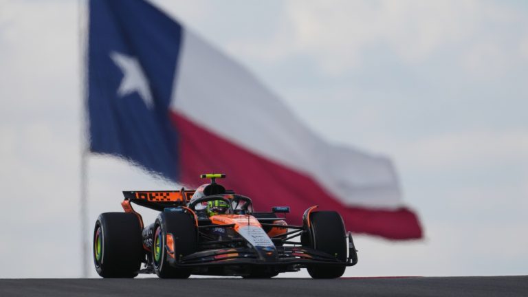 McLaren driver Lando Norris of Great Britain drives during a practice session the Formula One U.S. Grand Prix auto race at the Circuit of the Americas, Friday, Oct. 17, 2025, in Austin, Texas. (Eric Gay/AP)