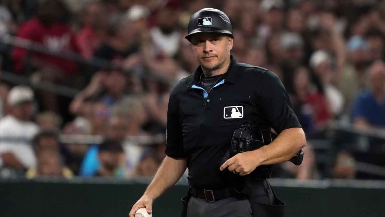 MLB homeplate umpire Mark Wegner (14) in the first inning during a baseball game. (Rick Scuteri/AP)