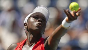Victoria Mboko, of Canada, serves to Barbora Krejcikova, of the Czech Republic, during the first round of the US Open tennis championships, Monday, Aug. 25, 2025, in New York. (Kirsty Wigglesworth/AP)
