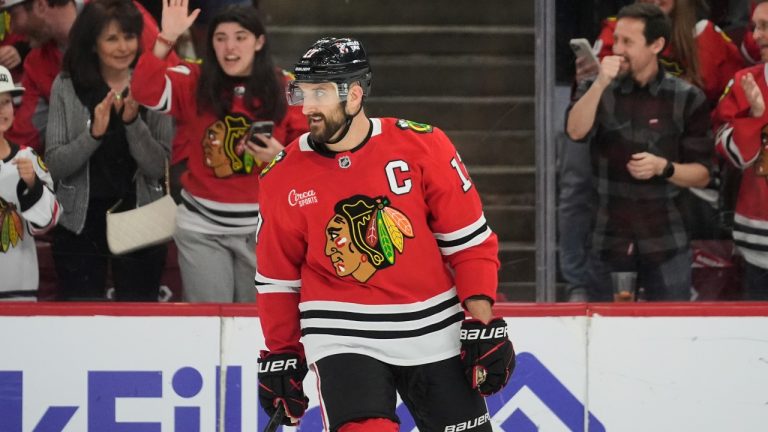 Chicago Blackhawks left wing Nick Foligno (17) celebrates after his goal against the Winnipeg Jets during the first period of an NHL hockey game Saturday, April 12, 2025, in Chicago. (Erin Hooley/AP)