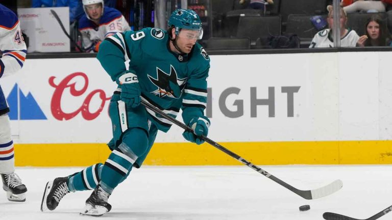 San Jose Sharks center Noah Gregor during an NHL hockey game against the Edmonton Oilers in San Jose. (Jeff Chiu/AP)