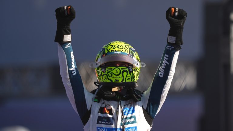 McLaren driver Lando Norris of Britain, celebrates after winning the Formula One Mexico Grand Prix auto race at the Hermanos Rodriguez race track in Mexico City, Sunday, Oct. 26, 2025. (Moises Castillo/AP)