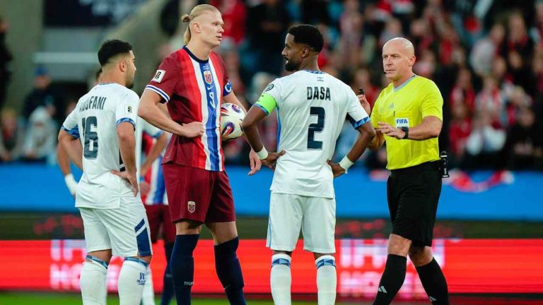 Norway's Erling Braut Haaland holds the ball prior to a penalty kick, during the World Cup qualifying soccer match between Norway and Israel in Oslo. (Jonas Been Henriksen/AP)