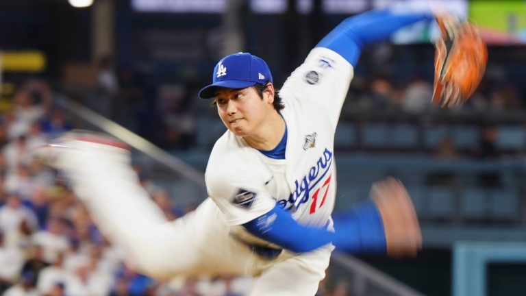 Los Angeles Dodgers pitcher Shohei Ohtani (17) delivers a pitch against the Toronto Blue Jays during fourth inning Game 4 World Series playoff MLB baseball action in Los Angeles on Tuesday, Oct. 28, 2025. (Frank Gunn/CP)