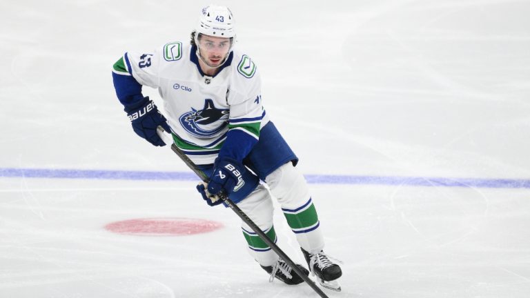 Vancouver Canucks defenceman Quinn Hughes (43) in action during the third period of an NHL hockey game against the Washington Capitals, Sunday, Oct. 19, 2025, in Washington. (Nick Wass/AP)