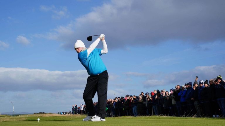 Scotland's Robert MacIntyre on the fourth tee during day four of the 2025 Alfred Dunhill Links Championship at the Old Course, St Andrews, Scotland, Sunday, Oct. 5, 2025. (Jane Barlow/PA via AP)