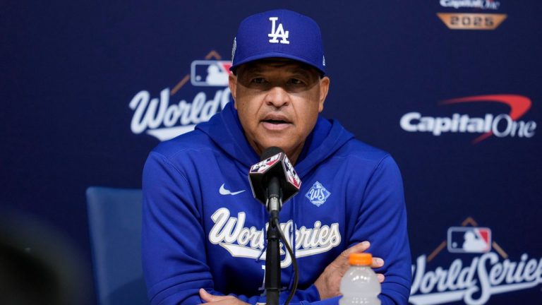 Los Angeles Dodgers manager Dave Roberts speaks prior to Game 5 of baseball's World Series against the Toronto Blue Jays, Wednesday, Oct. 29, 2025, in Los Angeles. (Ashley Landis/AP)