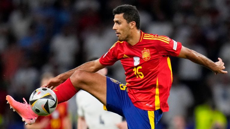 Spain's Rodri controls the ball during the final match between Spain and England at the Euro 2024 soccer tournament in Berlin, Germany, Sunday, July 14, 2024. (Manu Fernandez/AP)