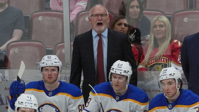Buffalo Sabres head coach Lindy Ruff gestures during the second period of an NHL hockey game against the Florida Panthers, Saturday, April 12, 2025, in Sunrise, Fla. (Marta Lavandier/AP Photo)