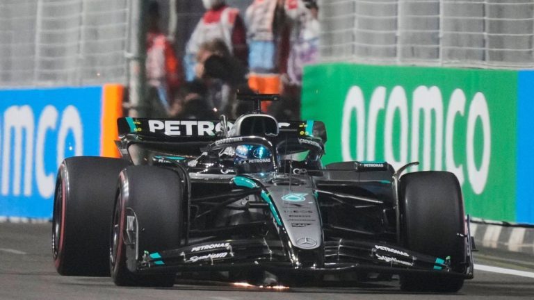 Mercedes driver George Russell of Britain in action during the qualifying for the Singapore Formula One Grand Prix at the Marina Bay Street Circuit in Singapore, Saturday, Oct. 4, 2025. (Vincent Thian/AP)