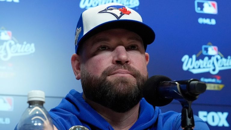 Toronto Blue Jays manager John Schneider speaks during a World Series baseball media day, Thursday, Oct. 23, 2025, in Toronto. The Toronto Blue Jays face the Los Angeles Dodgers in Game 1 on Friday. (David J. Phillip/AP)
