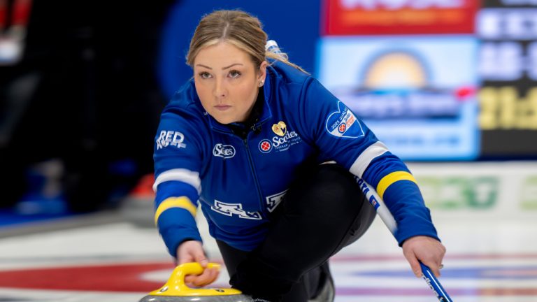 Alberta skip Selena Sturmay delivers a rock during Scotties Tournament of Hearts action against Northern Ontario in Thunder Bay, Ont. on Sunday, February 16, 2025. (Frank Gunn/CP)