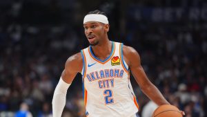 Oklahoma City Thunder guard Shai Gilgeous-Alexander (2) dribbles during the first half of an NBA basketball game against the Dallas Mavericks in Dallas, Monday, Oct. 27, 2025. (LM Otero/AP)