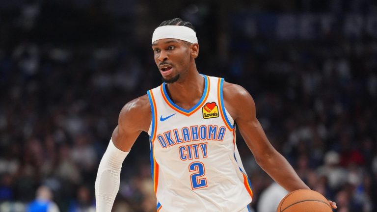 Oklahoma City Thunder guard Shai Gilgeous-Alexander (2) dribbles during the first half of an NBA basketball game against the Dallas Mavericks in Dallas, Monday, Oct. 27, 2025. (LM Otero/AP)