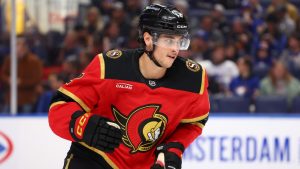Ottawa Senators centre Shane Pinto (12) skates during the first period of an NHL hockey game against the Buffalo Sabres Wednesday, Oct. 15, 2025, in Buffalo, N.Y. (Jeffrey T. Barnes/AP)