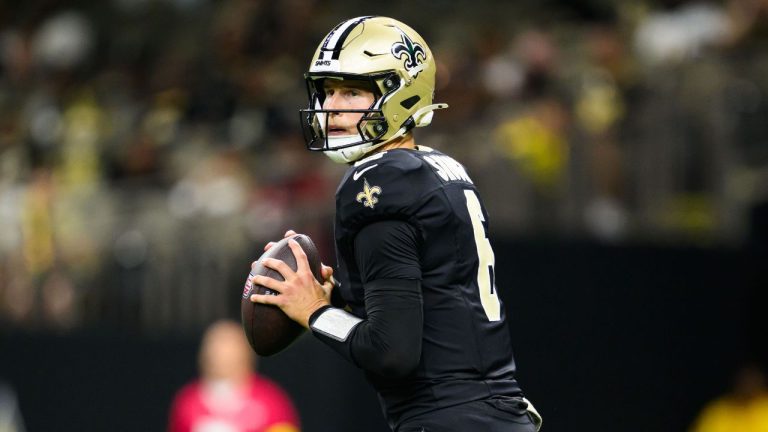 New Orleans Saints quarterback Tyler Shough (6) in the second half of an NFL football game against the Tampa Bay Buccaneers, Sunday, Oct. 26, 2025, in New Orleans. (Ella Hall/AP)
