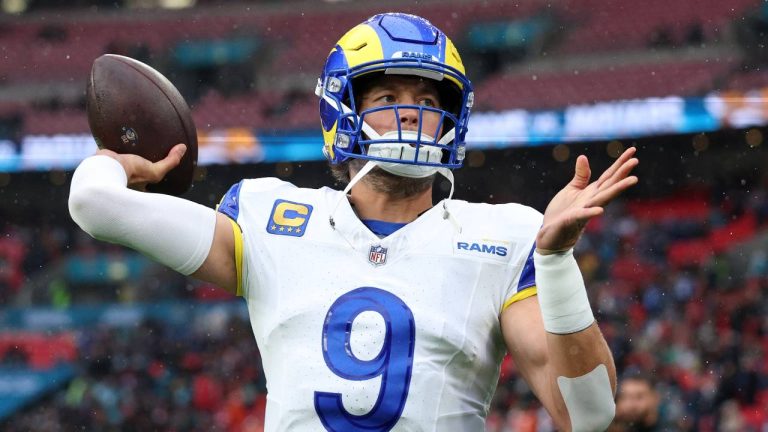 Los Angeles Rams quarterback Matthew Stafford (9) passes the ball as he warms-up before an NFL football game between the Los Angeles Rams and the Jacksonville Jaguars in London, Sunday, Oct. 19, 2025. (Ian Walton/AP)
