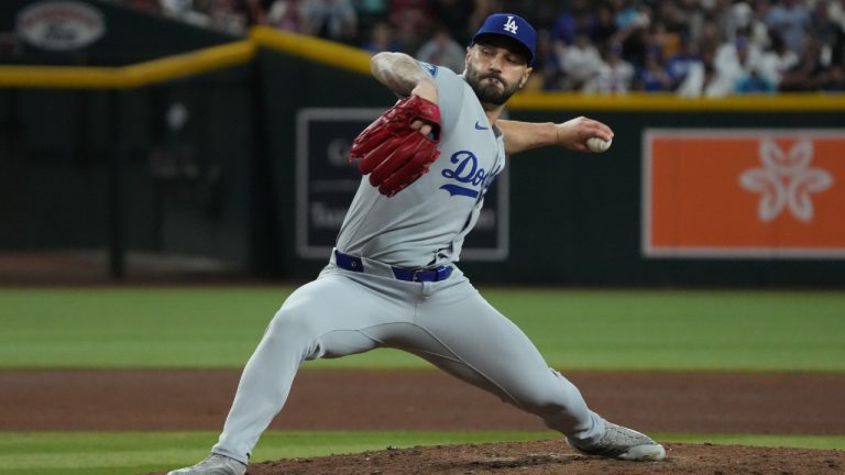 Los Angeles Dodgers pitcher Tanner Scott (66) in the first inning of a baseball game against the Arizona Diamondbacks, Tuesday, Sept. 23, 2025, in Phoenix. (Rick Scuteri/AP)
