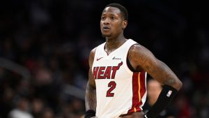 Miami Heat guard Terry Rozier (2) looks on during the second half of an NBA basketball game against the Washington Wizards, Sunday, March 31, 2024, in Washington. (Nick Wass/AP)