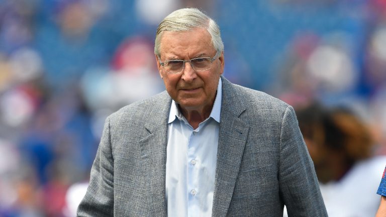 Buffalo Bills owner/CEO/president Terry Pegula walks on the field before an NFL preseason football game against the New York Giants in Orchard Park, N.Y., Saturday, Aug. 9, 2025. (Adrian Kraus/AP)