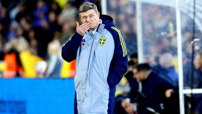 Sweden's national team coach Jon Dahl Tomasson stands on the touchline during the 2026 World Cup Group B qualifying soccer match between Sweden and Kosovo Monday Oct. 13, 2025 in Gothenburg, Sweden. (Adam Ihse/TT News Agency via AP)
