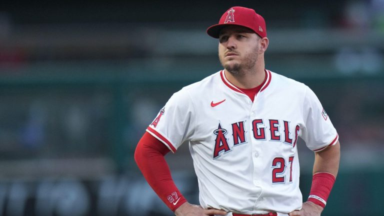 Los Angeles Angels' Mike Trout stands on the field before a baseball game against the Houston Astros, Sept. 27, 2025, in Anaheim, Calif. (Jae C. Hong/AP)
