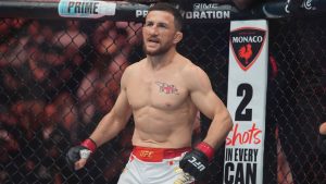 UFC bantamweight champion Merab Dvalishvili stands in the Octagon before a title bout. (Frank Franklin II/AP)