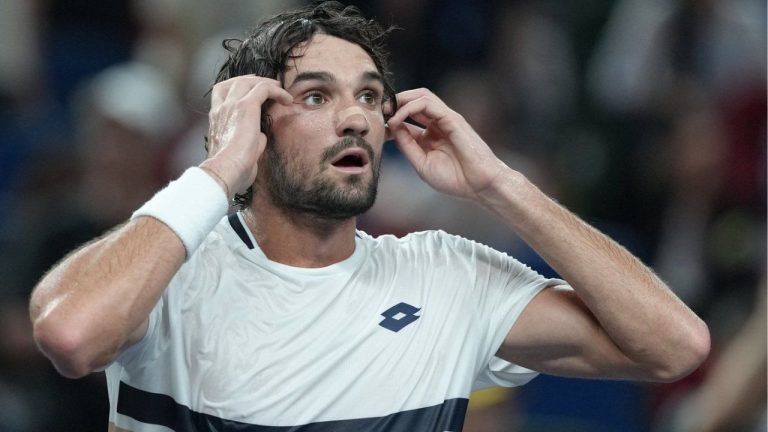 Valentin Vacherot of Monaco reacts after defeating Novak Djokovic of Serbia in the men's singles semifinal match of the Shanghai Masters tennis tournament at Qizhong Forest Sports City Tennis Center, in Shanghai, China, Saturday, Oct. 11, 2025. (Andy Wong/AP)