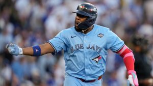 Toronto Blue Jays' Vladimir Guerrero Jr. celebrates his solo home run during the first inning in Game 5 of baseball's World Series against the Los Angeles Dodgers, Wednesday, Oct. 29, 2025, in Los Angeles. (Ashley Landis/AP)