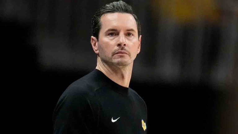 Los Angeles Lakers head coach JJ Redick watches play against the Atlanta Hawks during the second half of an NBA basketball game, Saturday, Nov. 8, 2025, in Atlanta. (Mike Stewart/AP)