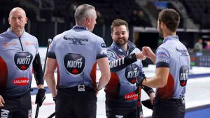 Canada’s Team Matt Dunstone (Middle right) celebrates his semifinal win with teammates Ryan Harnden (Left) E.J. Harnden (Middle left) and Colton Lott (Right) vs. fellow countryman Brad Jacobs at the KIOTI GSOC Tahoe event on Saturday Nov. 8, 2025, in Stateline, Nev. (Anil Mungal/TCG)