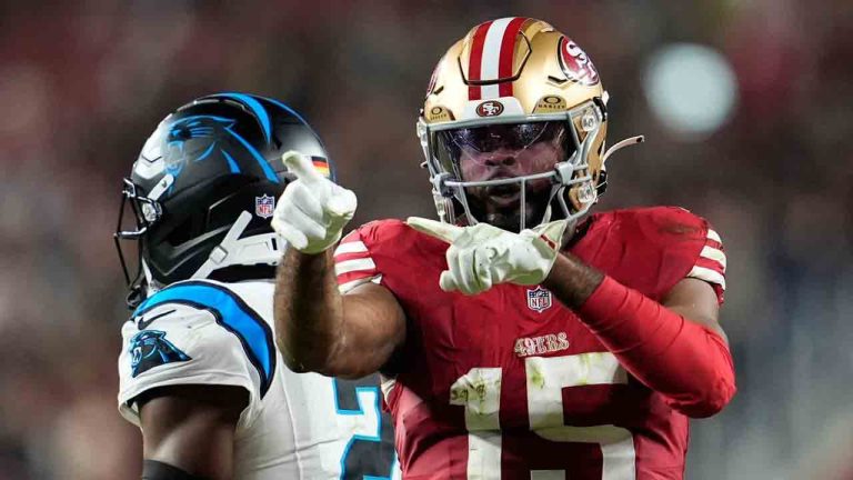 San Francisco 49ers wide receiver Jauan Jennings celebrates after a catch against the Carolina Panthers during the second half an NFL football game, Monday, Nov. 24, 2025, in Santa Clara, Calif. (Godofredo A. Vásquez/AP)