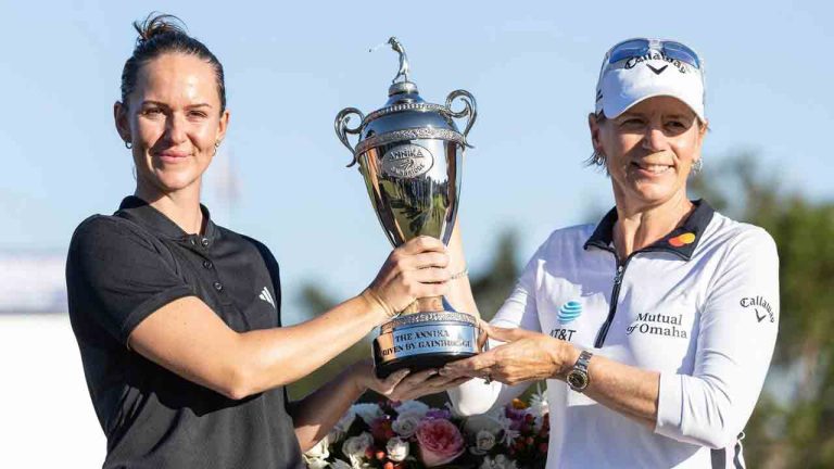 Linn Grant, left, and Annika Sorenstam, right, hold the championship trophy after Grant's win on the final day of The Annika LPGA golf tournament in Belleair, Fla., Sunday, Nov. 16, 2025. (Willie J. Allen Jr./AP)