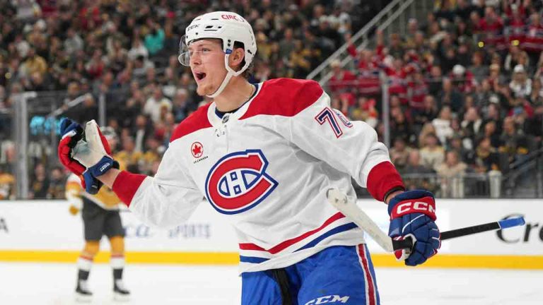 Montreal Canadiens right wing Zack Bolduc (76) celebrates after his first-period goal against the Vegas Golden Knights during an NHL hockey game Friday, Nov. 28, 2025, in Las Vegas. (Candice Ward/AP)