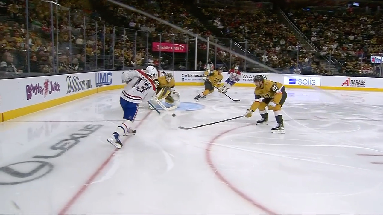 Canadiens’ Caufield goes bar-down from tight angle vs. Golden Knights
