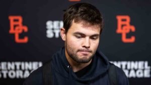 B.C. Lions quarterback Nathan Rourke pauses as he speaks during the CFL team's season-ending media availability at their practice facility in Surrey, B.C. on Nov. 9, 2025 (Ethan Cairns/CP)