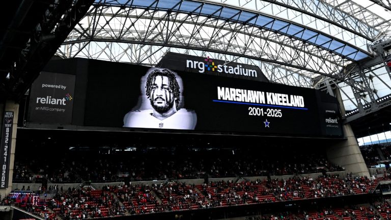 A view of the video board during a moment of silence in honour of Marshawn Kneeland of the Dallas Cowboys prior to a game between the Houston Texans and the Jacksonville Jaguars, Sunday, Nov. 9, 2025, in Houston. (Maria Lysaker/AP)