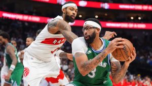 Dallas Mavericks forward Anthony Davis (3) looks to move the ball against Toronto Raptors forward Brandon Ingram (3) during the second half of an NBA basketball game in Dallas, Sunday, Oct. 26, 2025. (LM Otero/AP)
