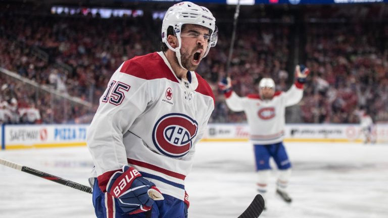 Montreal Canadiens' Alex Newhook (15) celebrates a goal against the Edmonton Oilers during third period NHL action, in Edmonton on Thursday, October 23, 2025. (Jason Franson/CP)