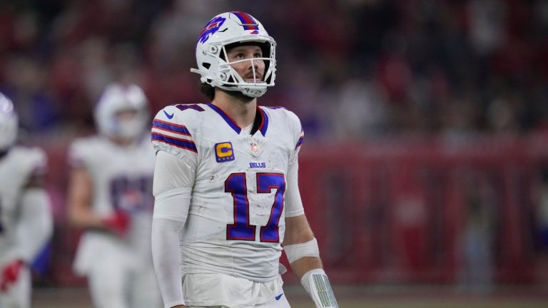 Buffalo Bills quarterback Josh Allen stands on the field during an NFL football game against the Houston Texans Thursday, Nov. 20, 2025, in Houston. (Ashley Landis/AP)
