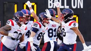 Montreal Alouettes wide receiver Tyler Snead (85) celebrates his touchdown catch with teammates in the end zone during second half CFL eastern final football action against the Hamilton Tiger-Cats, in Hamilton, Ont., Saturday, Nov. 8, 2025. THE CANADIAN PRESS/Frank Gunn