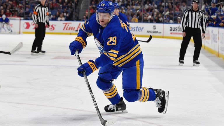 Buffalo Sabres left wing Beck Malenstyn skates with the puck during the first period of an NHL game against the Ottawa Senators in Buffalo, N.Y., Tuesday, Nov. 5, 2024. (AP/Adrian Kraus)