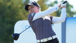Brooke Henderson of Canada hits from the second tee during the third round of the LPGA Tour Championship golf tournament, Saturday, Nov. 22, 2025, in Naples, Fla. (Marta Lavandier/AP)
