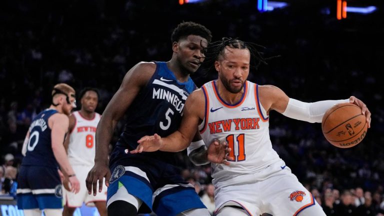 Minnesota Timberwolves' Anthony Edwards (5) defends New York Knicks' Jalen Brunson (11) during the second half of an NBA basketball game Wednesday, Nov. 5, 2025, at Madison Square Garden in New York. (Frank Franklin II/AP)