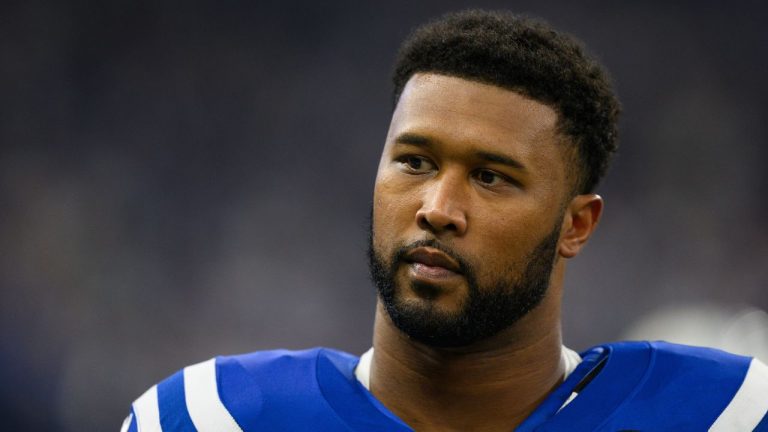 Indianapolis Colts defensive tackle DeForest Buckner (99) on the sidelines during an NFL football game against the Tennessee Titans, Sunday, Oct. 26, 2025, in Indianapolis. (Zach Bolinger/AP)